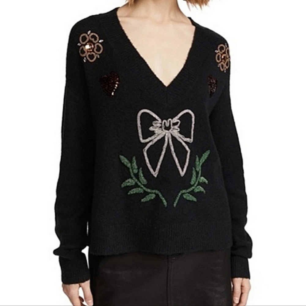 Wildfox Black Sweater with Embroidered Bow and Floral Accents